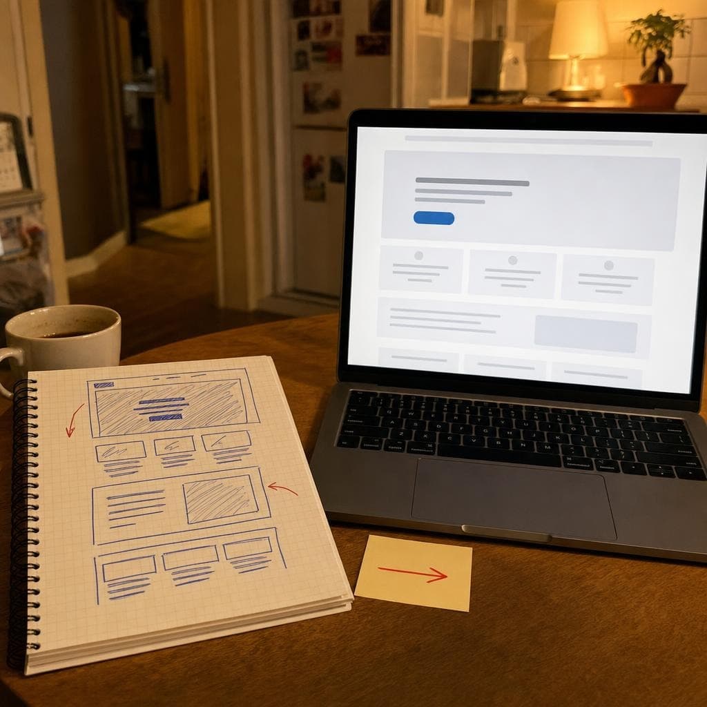 Un caiet cu schița unei pagini, lângă un laptop pe care aceeași pagină e deja publicată.